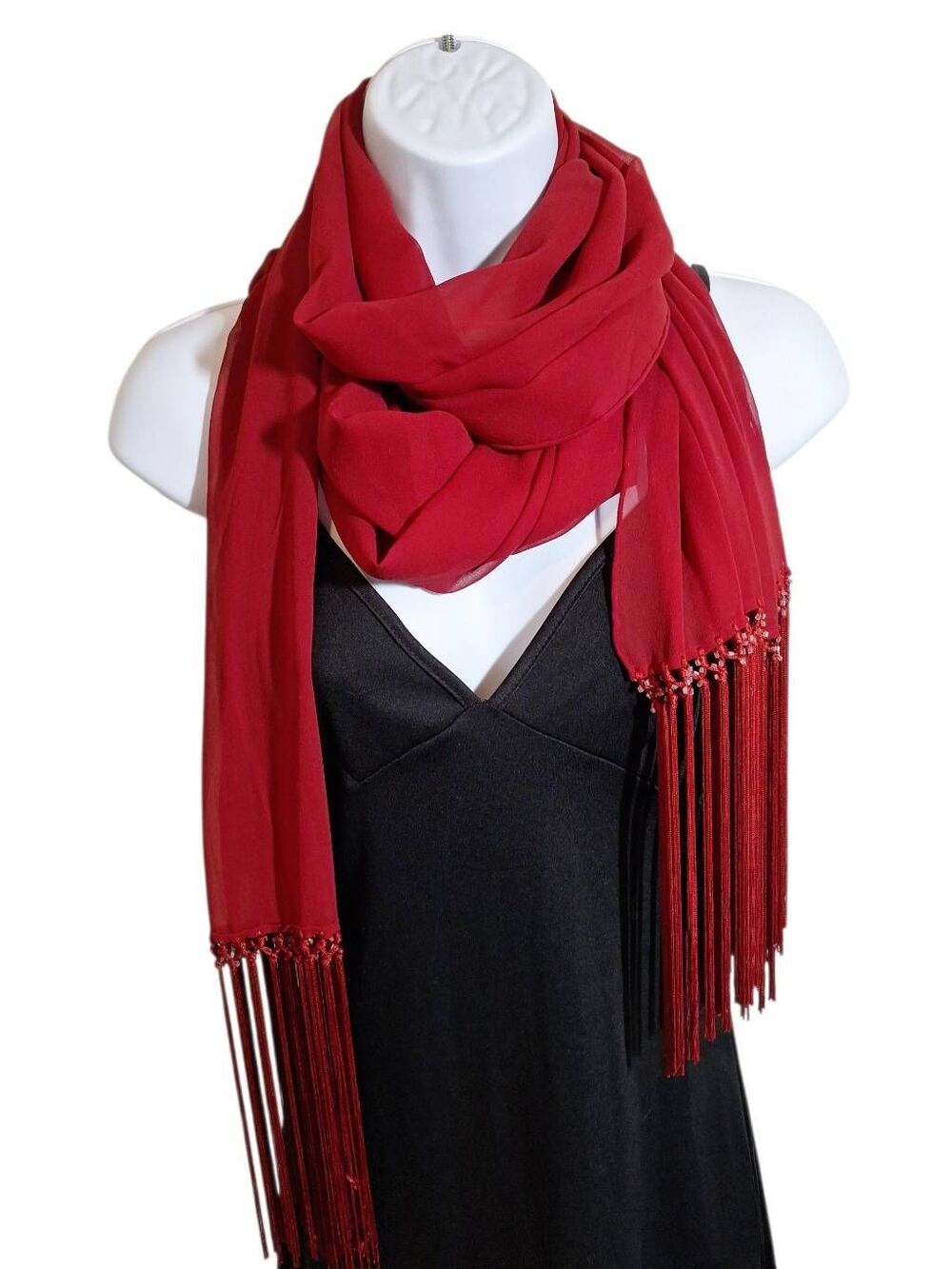Silk Sheer Burgundy Beaded Fringe Scarf